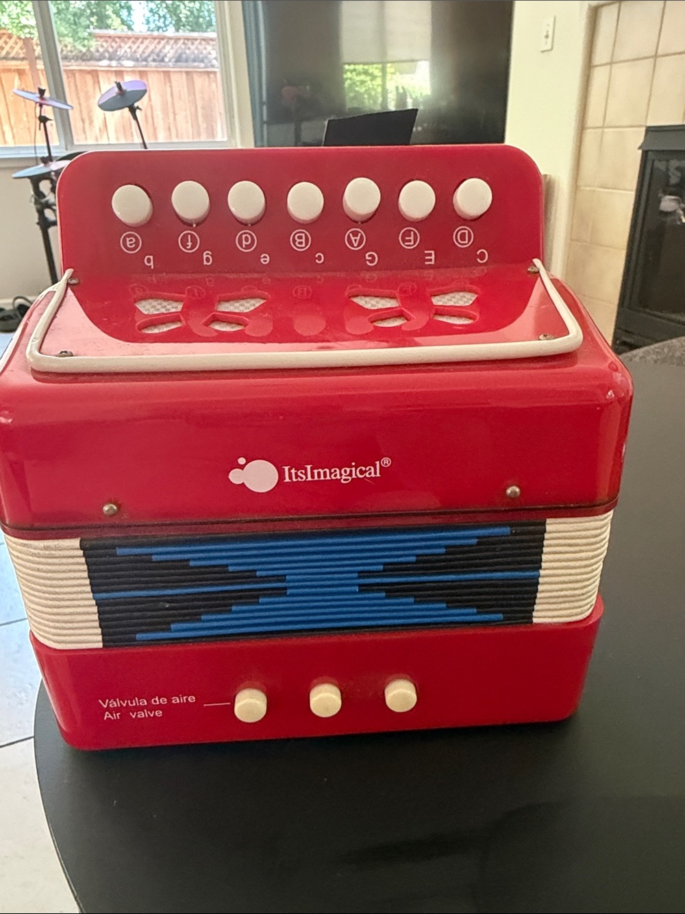 Red Kids Accordion Toy with Blue Grille made in Spain